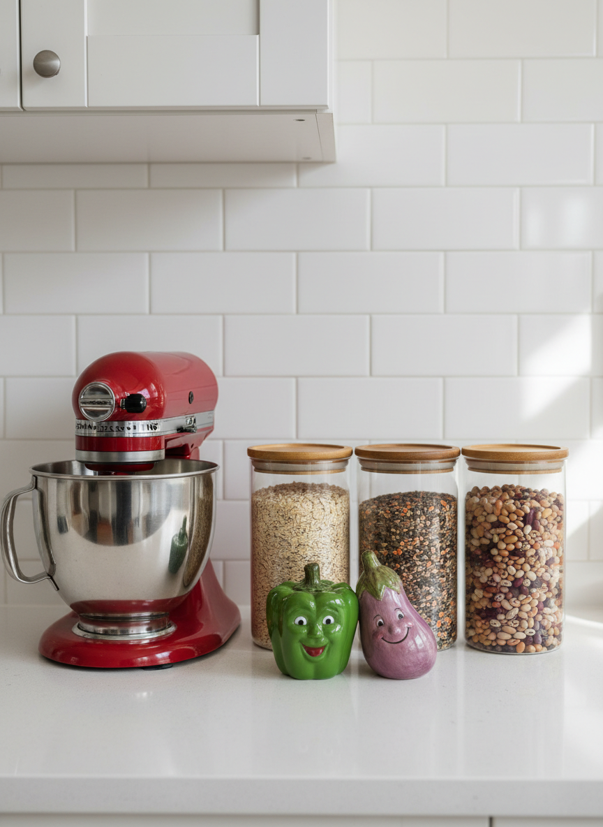 A cheerful kitchen counter scene featuring Brooke’s favorite product picks: a bright, modern stand mixer in a candy-colored hue, a neatly arranged row of glass jars filled with grains and colorful dried beans, and a small cluster of quirky vintage salt and pepper shakers shaped like vegetables. Everything sits on a light quartz countertop backed by a simple white subway tile wall. Afternoon natural light from an unseen window on the right adds a clean, bright clarity, with soft shadows giving each object dimension. Shot at a straight-on eye-level angle with a balanced composition, allowing each product room to shine without clutter. Photographic realism with crisp detail, vibrant yet harmonious colors, and a fun, approachable mood that feels like browsing a playful kitchen wishlist.