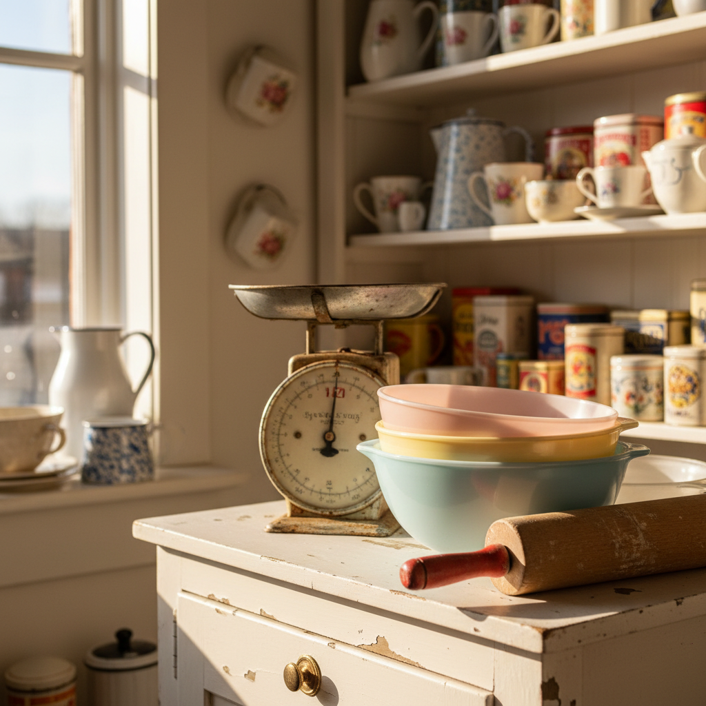 A sunlit antique shop vignette focused on a small display of vintage kitchen treasures: a stack of pastel Pyrex mixing bowls, a weathered wooden rolling pin with worn red handles, and an old metal scale with a slightly rusted face, all arranged on a chipped white farmhouse cabinet. In the softly blurred background, shelves filled with mismatched teacups, enamelware, and quirky food tins hint at endless discoveries. Late morning light streams through a shop window, creating soft highlights on the glass bowls and gentle shadows that emphasize texture. Shot at eye level with a medium depth of field, keeping the main objects crisp while the rest of the shop glows softly. Photographic realism with warm, nostalgic tones and a playful, treasure-hunt atmosphere perfect for an “antique adventures” blog feature.