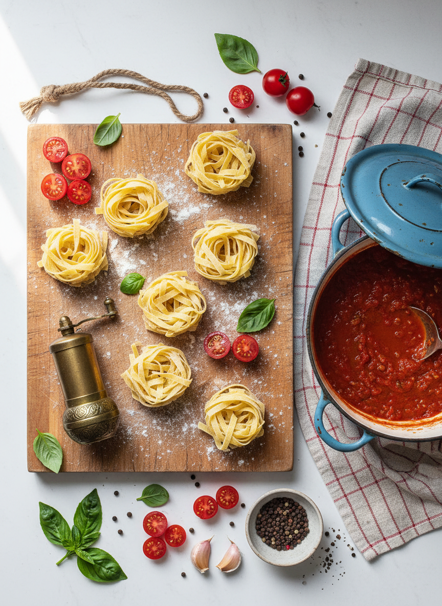 An overhead, flat-lay composition of a playful recipe-in-progress scene for a cozy pasta dinner. A large, well-used wooden cutting board holds freshly rolled nests of tagliatelle dusted with flour, scattered cherry tomatoes, torn basil leaves, and a small antique brass pepper mill. To the side, a weathered enamel pot sits on a patterned tea towel, its lid askew to reveal a peek of simmering tomato sauce. Ingredients are arranged in an artfully casual, almost whimsical way. Soft, diffused window light from above-left washes the scene in a gentle glow, with subtle shadows adding depth. Photographic realism with vibrant reds and greens, a warm, inviting mood, and a clean, modern overhead style perfect for a cooking blog header.