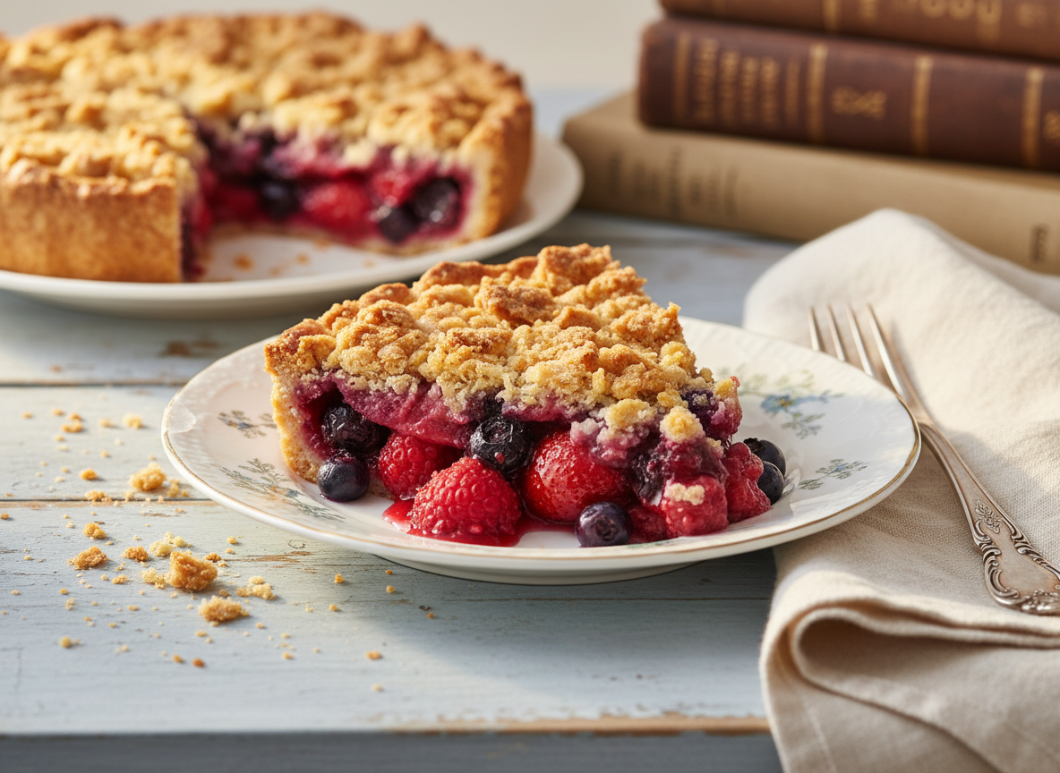 A single, beautifully messy slice of berry crumble pie on a delicate, slightly chipped floral porcelain plate, crumbs scattered intentionally around it. The crust looks buttery and flaky, with jewel-toned berries bubbling at the edges. The plate rests on a worn, painted wood counter beside a folded linen napkin and an old silver dessert fork with ornate engraving. Soft morning light filters in from the left, creating gentle highlights on the glossy fruit and casting a faint shadow from the fork. Shot close-up at eye level for an intimate, blog-ready feel, with a creamy bokeh background hinting at stacked vintage cookbooks. Photographic, bright, and playful, celebrating imperfect homemade baking.