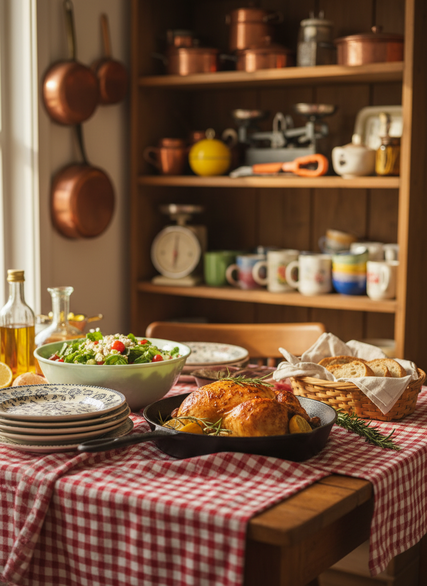 A rustic wooden farmhouse table covered with a playful, slightly wrinkled gingham cloth, featuring an artfully arranged spread of colorful home-cooked dishes: a cast-iron skillet of golden roasted chicken, a bright salad in a vintage jadeite bowl, and a small stack of mismatched antique plates. In the background, open shelves display weathered copper pots and quirky retro kitchen gadgets. Late afternoon natural light pours through an unseen window, creating a warm, inviting glow and soft shadows. Shot at a slightly elevated angle with shallow depth of field, keeping the food in crisp focus while the background gently blurs. Photographic realism with vibrant, cheerful colors and a cozy, approachable atmosphere that feels like a playful everyday feast.