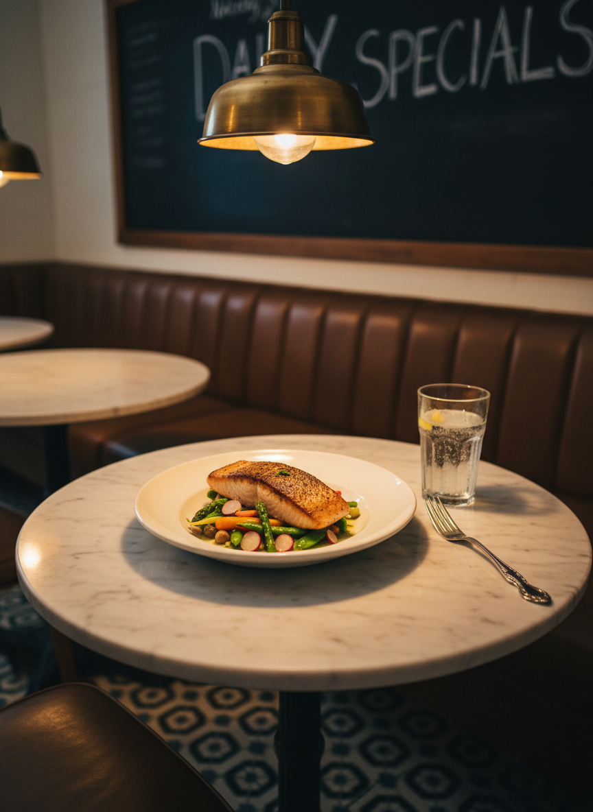 A cozy corner restaurant table set for one, captured without any people. A small, round marble tabletop holds a perfectly plated seasonal dish—think seared salmon atop a bed of bright spring vegetables—next to a clear tumbler of sparkling water with a lemon slice and an antique silver fork. In the background, an out-of-focus view reveals leather banquette seating, tiled floors, and a chalkboard specials menu on the wall. Warm pendant lighting above creates a golden pool of light on the table, with gentle reflections on the marble and dish rim. Shot from a slightly elevated three-quarter angle, maintaining sharp focus on the food while the restaurant ambience softly blurs. Photographic, stylish, and playfully sophisticated, ideal for a restaurant review post.